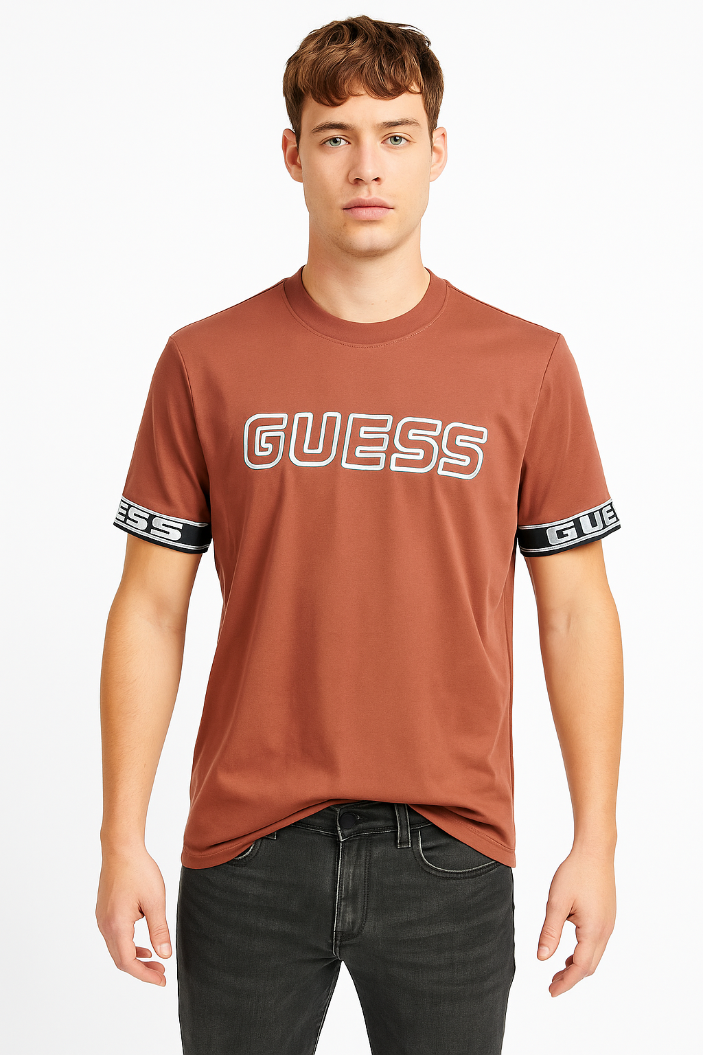 GUESS Men’s Signature Logo Tee – Rust Brown