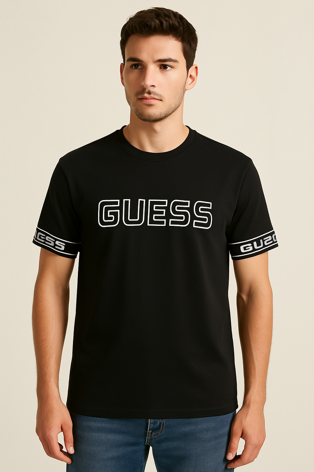 GUESS Men’s Logo Sleeve T-Shirt – Jet Black